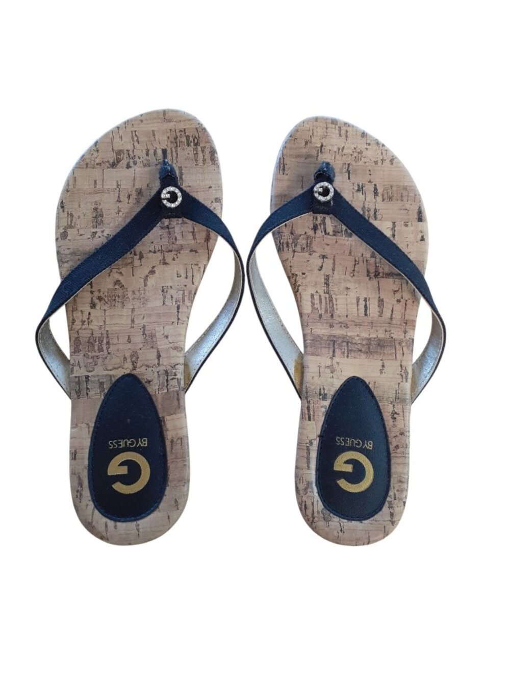 G by Guess Womens Thong Sandals Size 6.5 Black Textile Sparking Logo Straps